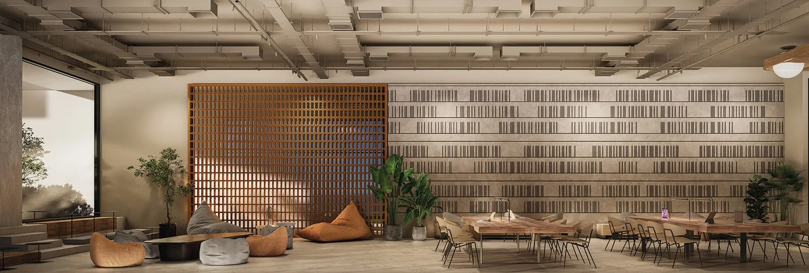 ARRA Residences co-working Sanctuary with long tables, timber screens and a bookshelf wall, artist's impression