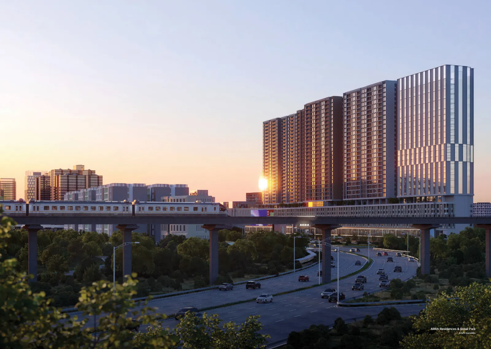 ARRA Residences towers at sunset beside the elevated LRT line in Ara Damansara, artist's impression