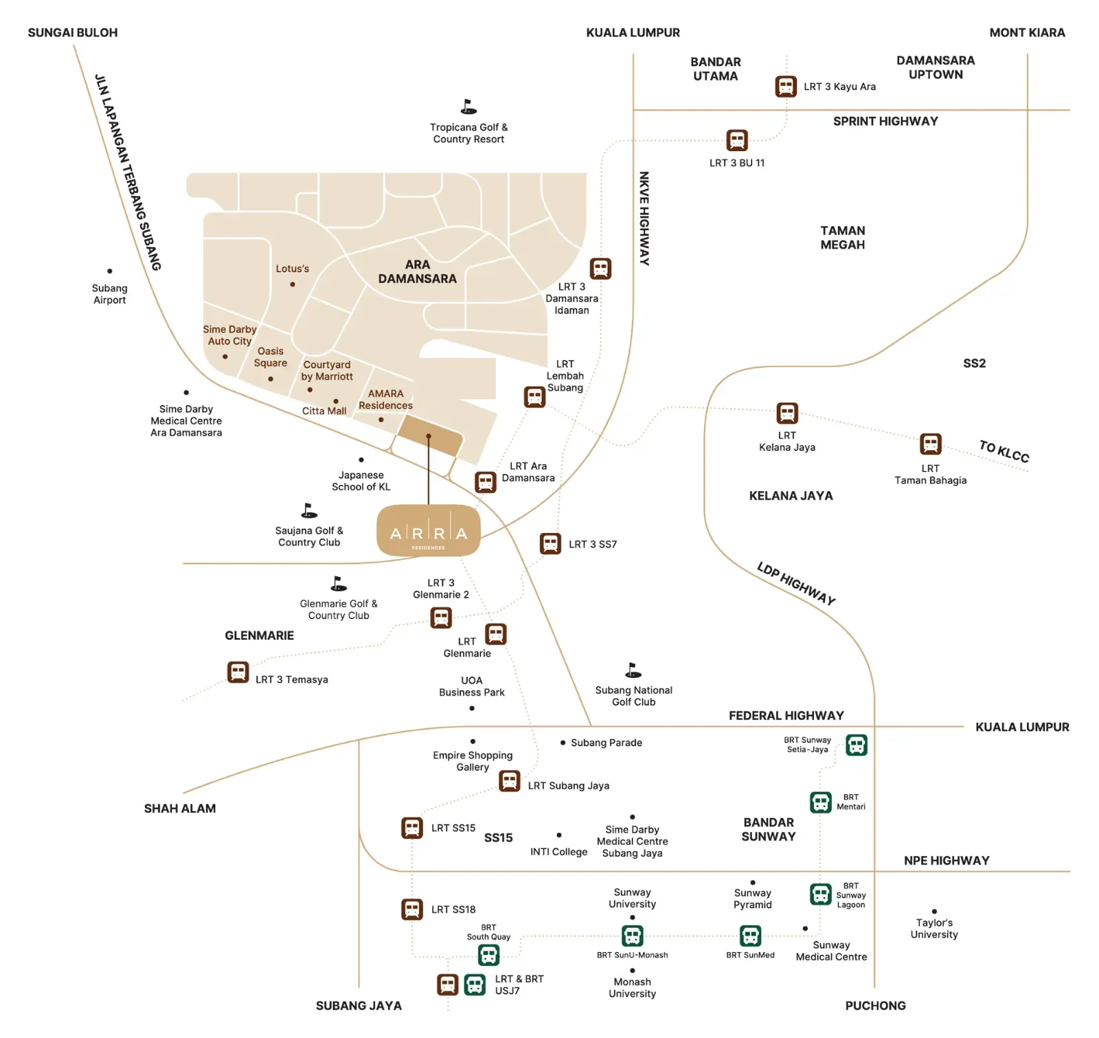 Location map of ARRA Residences in Ara Damansara with LRT stations, highways, malls and hospitals