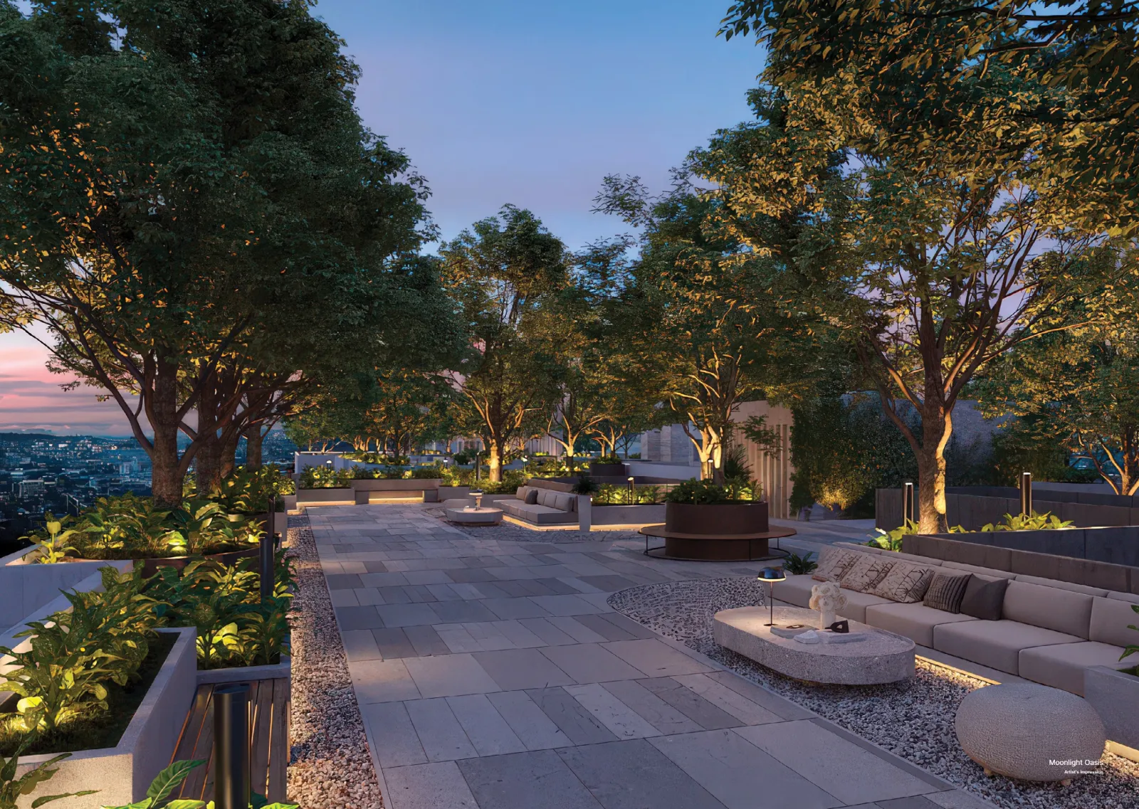 ARRA Residences moonlight Oasis rooftop lounge with sofas among trees at dusk, artist's impression