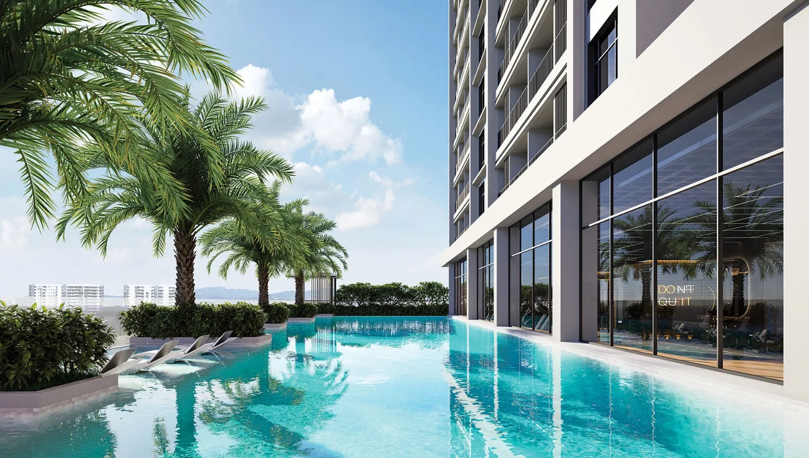 ARRA Residences swimming pool with palm trees beside the tower, artist's impression