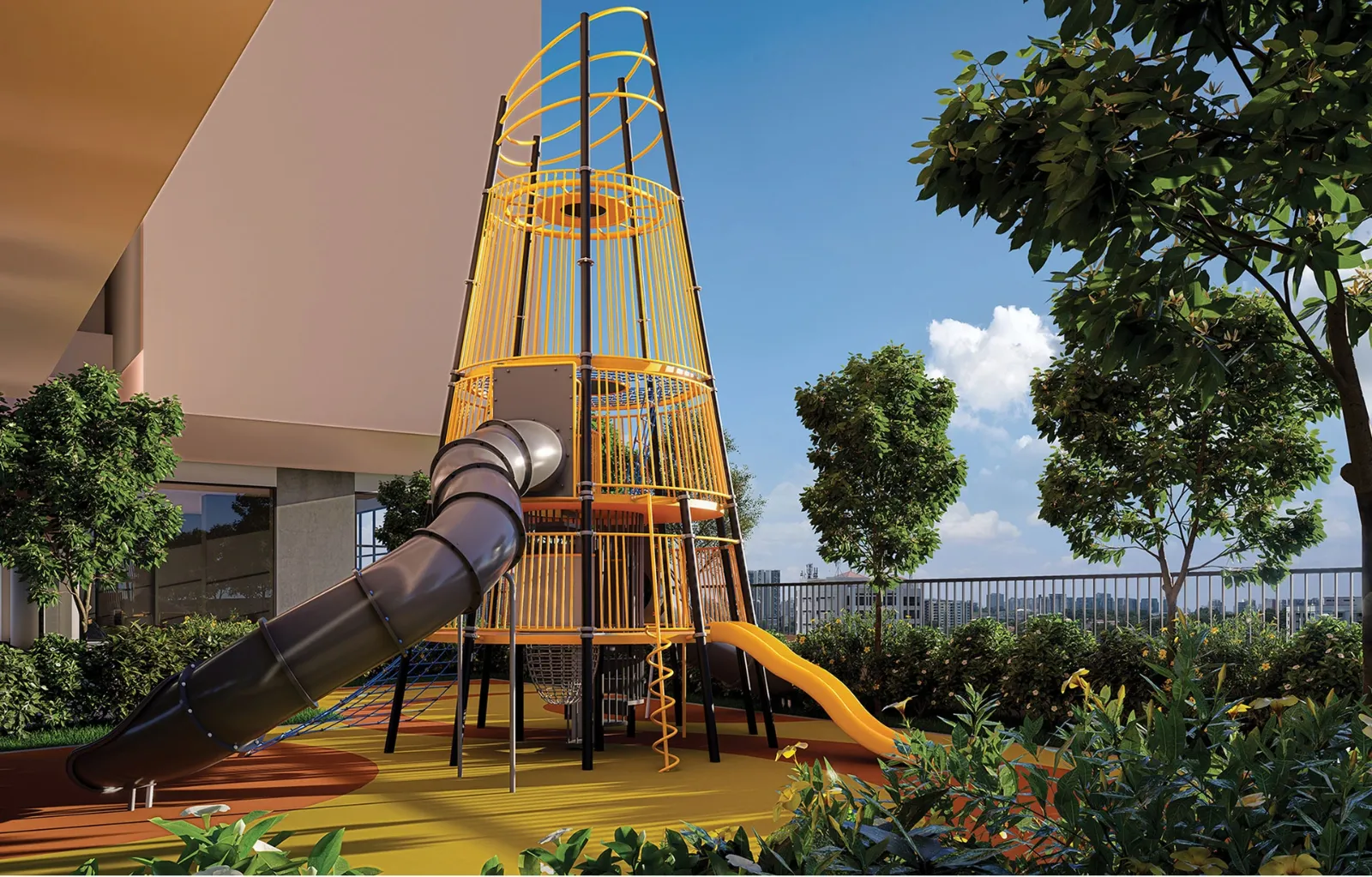 ARRA Residences play tower with a spiral slide among the podium gardens, artist's impression
