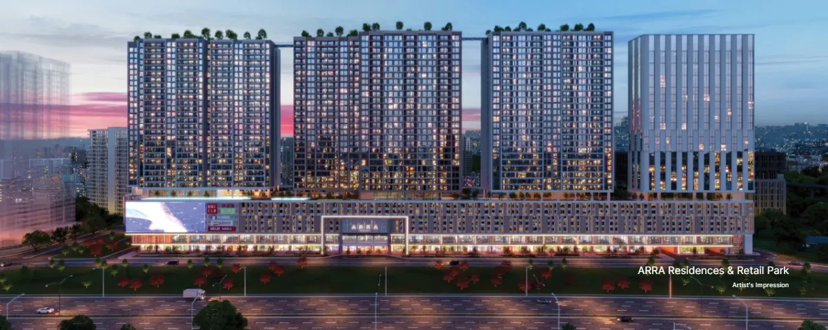 ARRA Residences towers and retail park lit up at night, artist's impression
