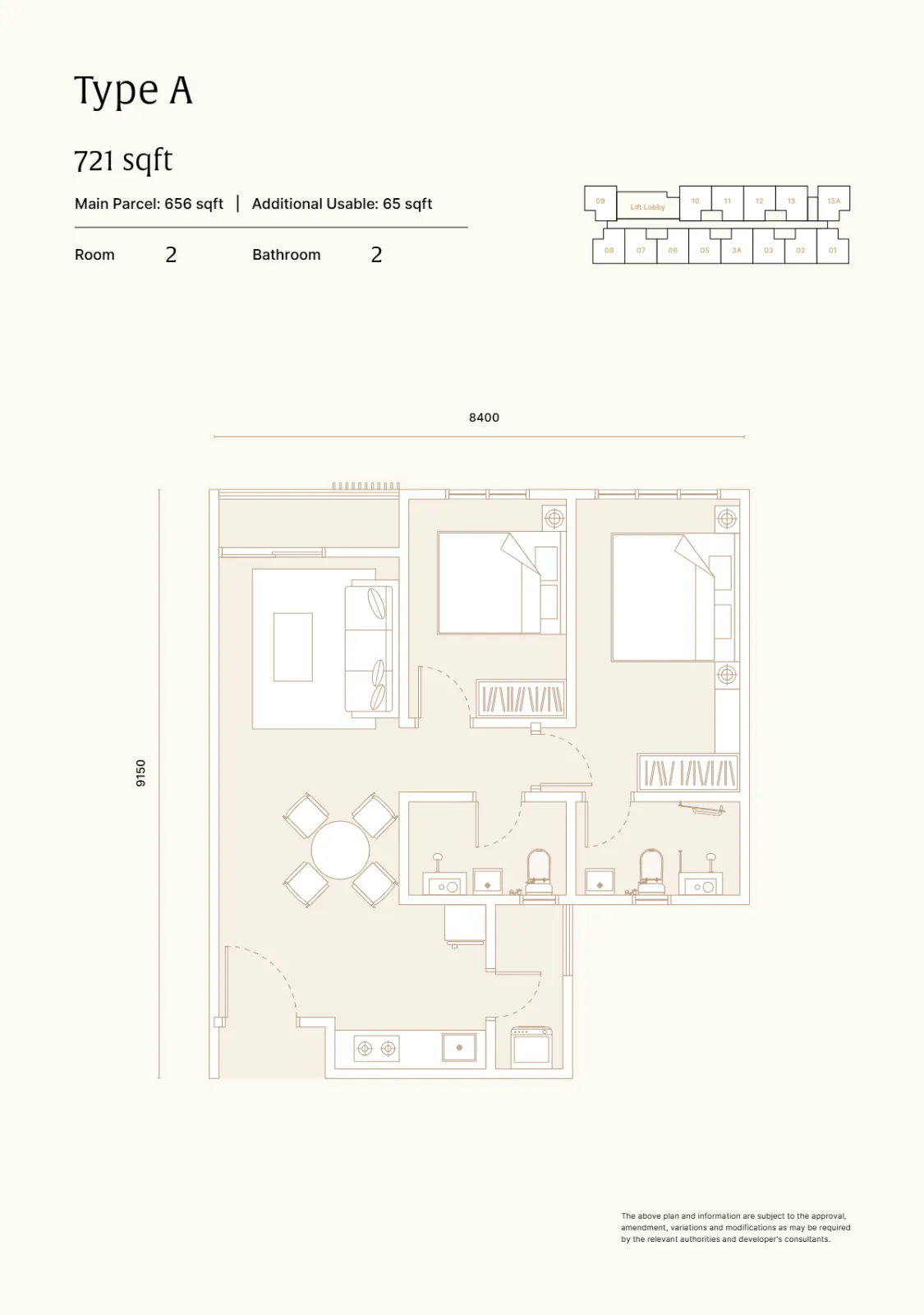ARRA Residences floor plan Type A, 721 sq ft, 2 rooms, 2 bath